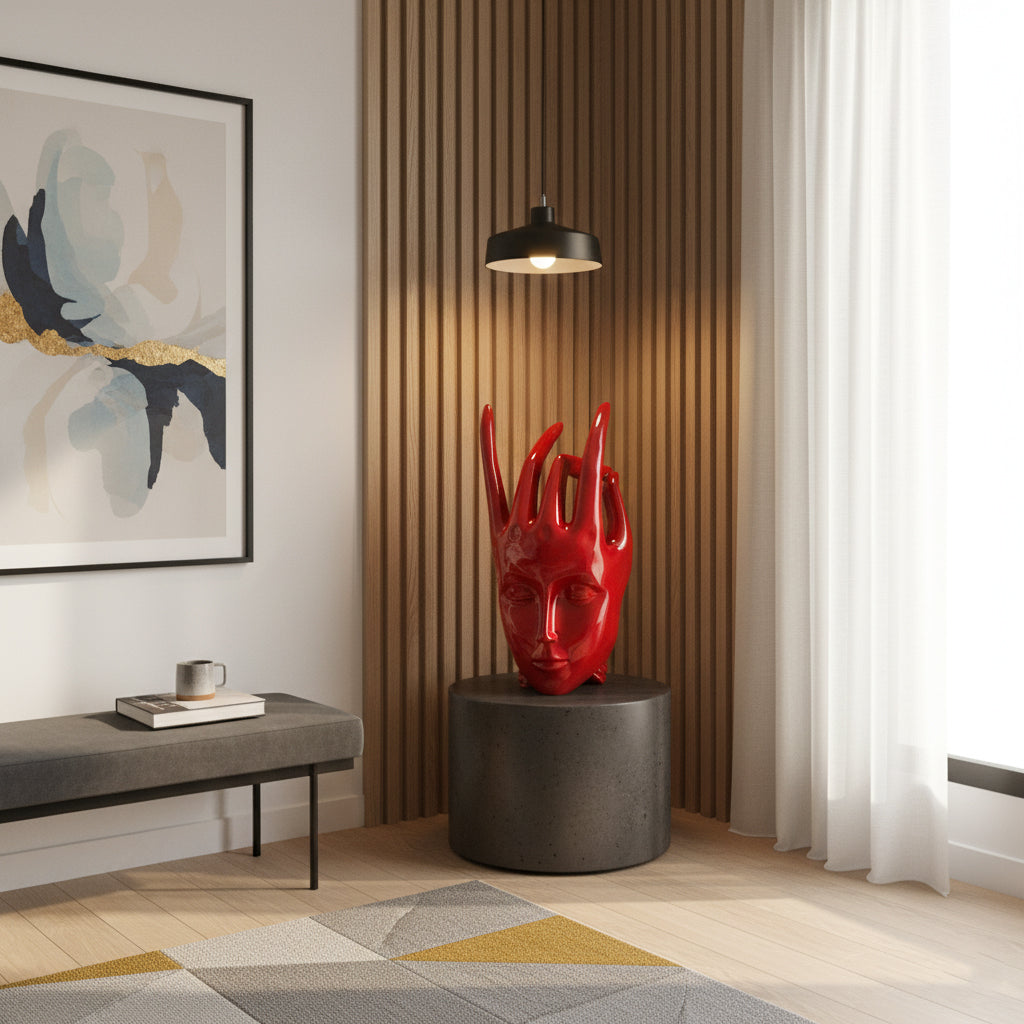 Regal Red Crowned Mudra Zen Face Sculpture