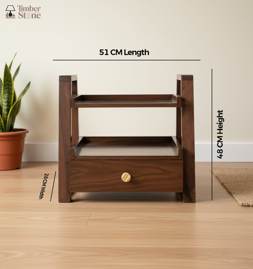 Multipurpose Woodhaven Duo Shelf – Handcrafted Solid Sagon Wood Storage with Walnut Finish